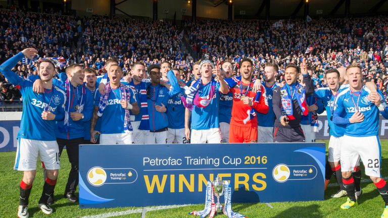 Rangers players celebrate winning the Petrofac Training Scottish Cup final at Hampden Park, Glasgow