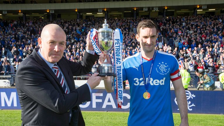 Rangers manager Mark Warburton lifts the cup with captain Lee Wallace 