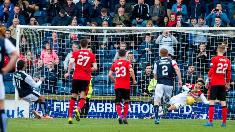 Rangers goalkeeper Wes Foderingham saves a penalty from Harry Panayiotou who moments later netted Raith's last-gasp equaliser