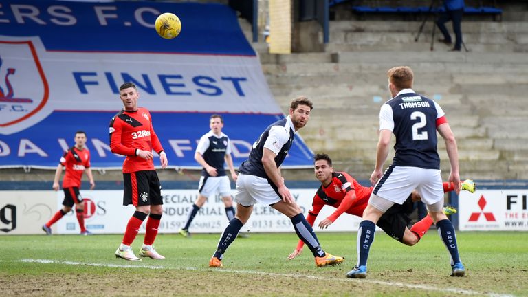 Harry Forrester dives to head home Rangers' equaliser at Starks Park 