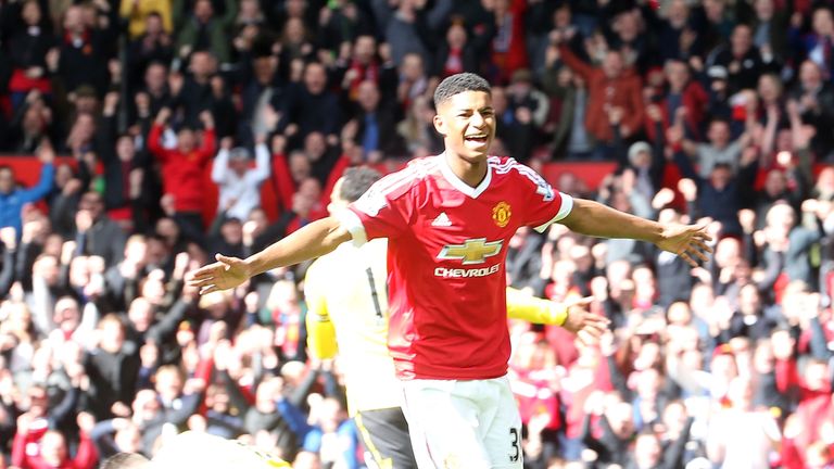 Manchester United's Marcus Rashford opens the scoring against Aston Villa