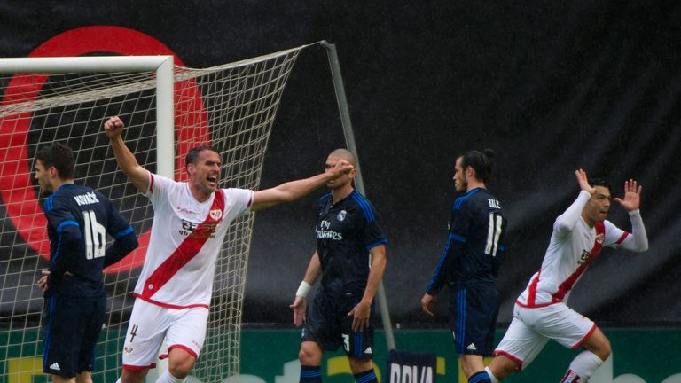 Rayo Vallecano's Venezuelan forward Miku (R) celebrates after scoring