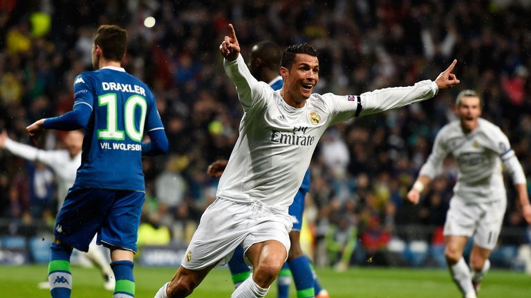 Cristiano Ronaldo of Real Madrid celebrates his second goal of a hat-trick against Wolfsburg in the Champions League quarter-final second leg