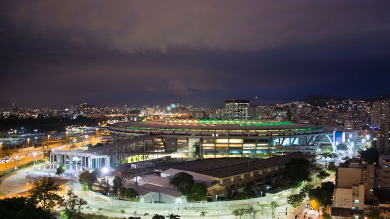 View of Maracana stadium lightened up in yellow and green to celebrate 100 days to the start of the Olympic and Paralympic Games in Rio de Janeiro