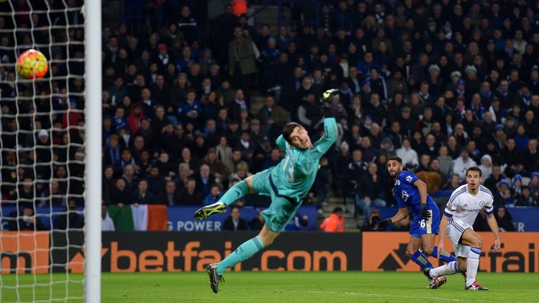 Riyad Mahrez of Leicester City scores his team's second goal 