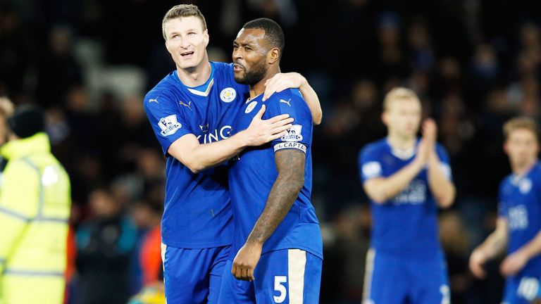 Leicester defenders Robert Huth (l) and Wes Morgan