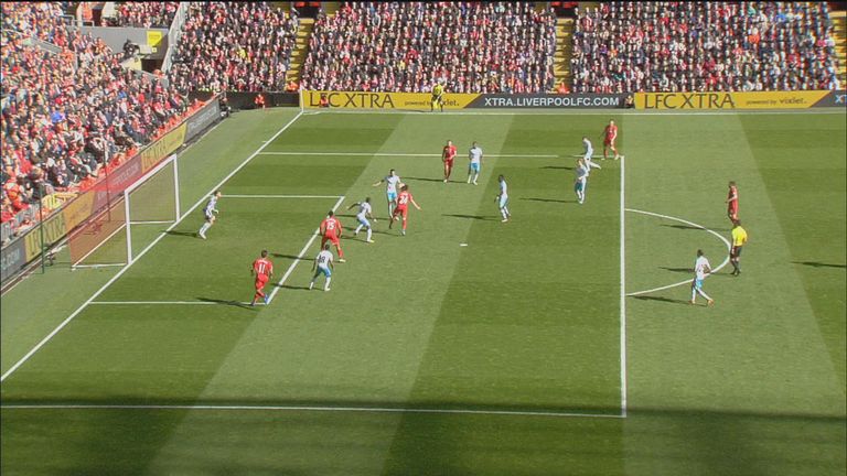 Roberto Firmino stands in an offside position on the near side before putting the ball in the net against Newcastle