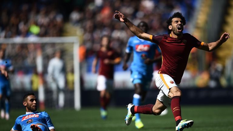 Roma's Mohamed Salah reacts after being fouled during Monday's game