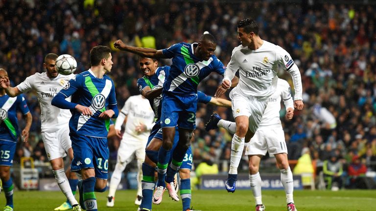 Cristiano Ronaldo of Real Madrid scores their second goal during the UEFA Champions League quarter final second leg match between Real Madrid and Wolfsburg