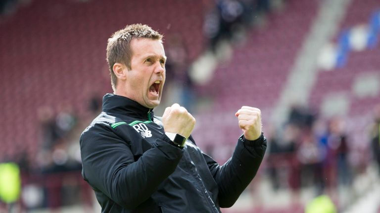 Celtic manager Ronny Deila celebrates at final whistle of the Ladbrokes Scottish Premiership match at Tynecastle Stadium, Edinburgh.