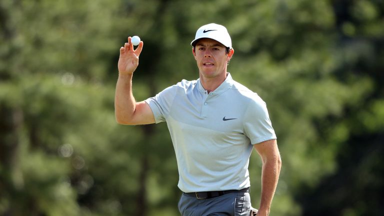 Rory McIlroy of Northern Ireland reacts on the 18th hole after the second round of the 2016 Masters