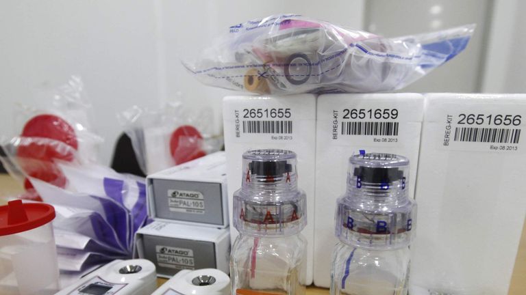 Anti-doping control kits are pictured at an anti-doping control centre at the stadium in Daegu