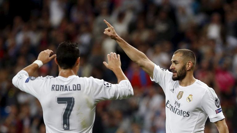 Real Madrid's Benzema celebrates scoring against Shakhtar Donetsk with team mate Ronaldo during their Champions League Group A soccer match at Santiago Bernabeu stadium in Madrid
