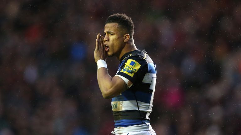 Anthony Watson of Bath looks on during the Aviva Premiership match between Leicester Tigers and Bath