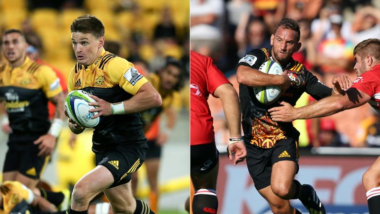 Hurricanes fly-half Beauden Barrett (left) and Chiefs fly-half Aaron Cruden