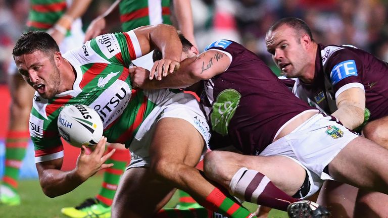 Sam Burgess of the Rabbitohs is tackled during the round five NRL win over Manly