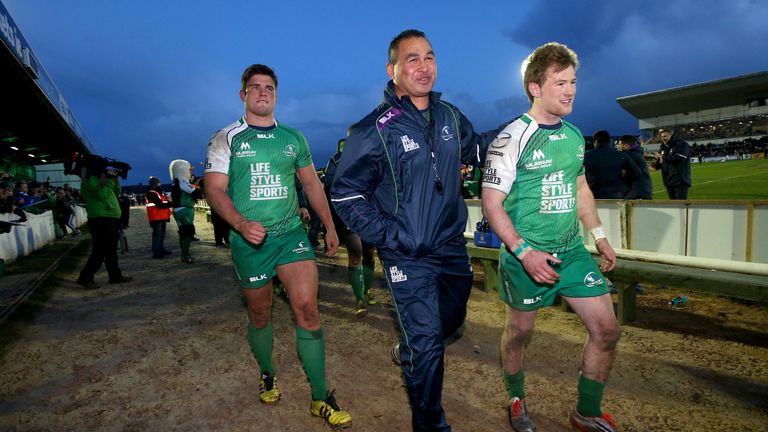 Connacht head coach Pat Lam and Kieran Marmion (r) celebrate after their win over Leinster
