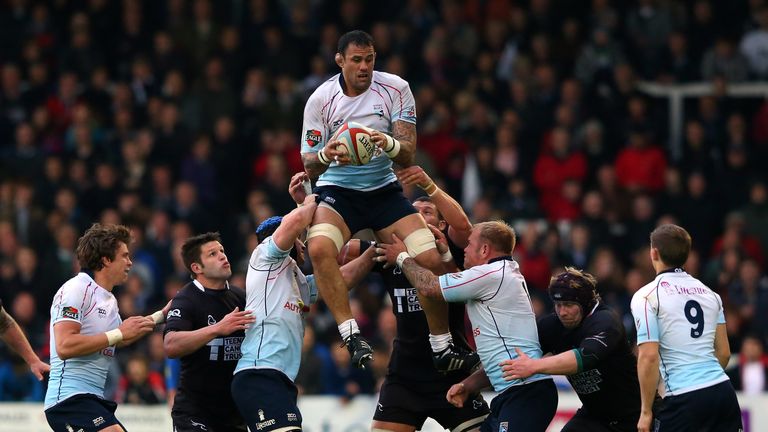 Paul Tupai of Bedford Blues wins the ball in a line out 