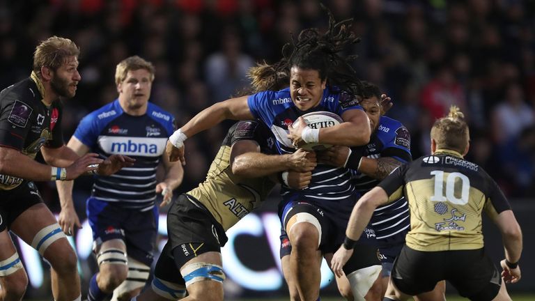 Sale Sharks' TJ Ioane breaks through the Montpellier defence