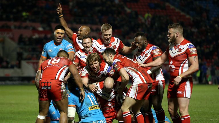 Salford Red Devils celebrate a try earlier in the season