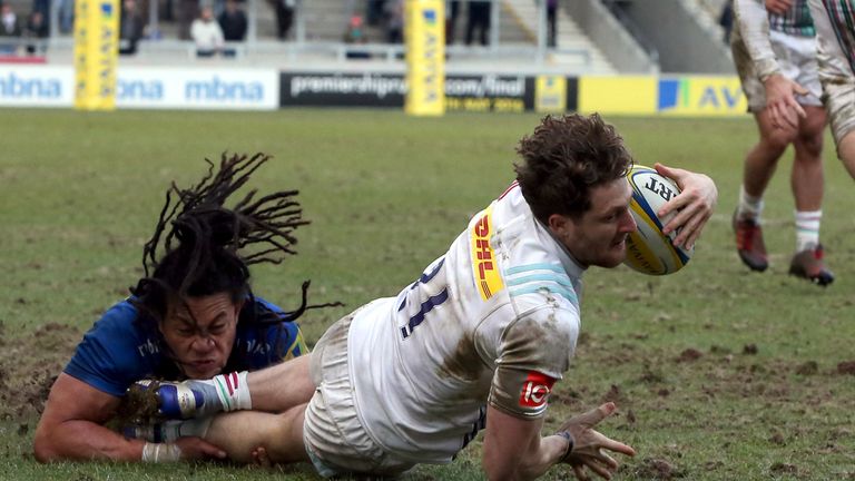 SALFORD, ENGLAND - MARCH 05:  Sam Egerton (R) of Harlequins scores a try during the Aviva Premiership match between Sale Sharks and Harlequins