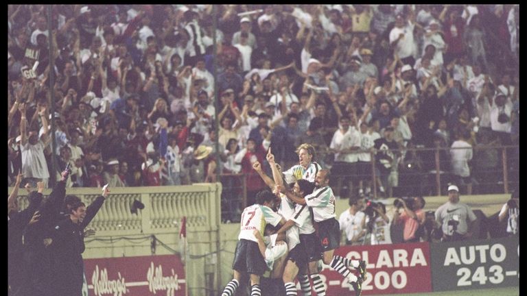 San Jose Clash's Eric Wynalda celebrates scoring the first goal in MLS history back in 1996