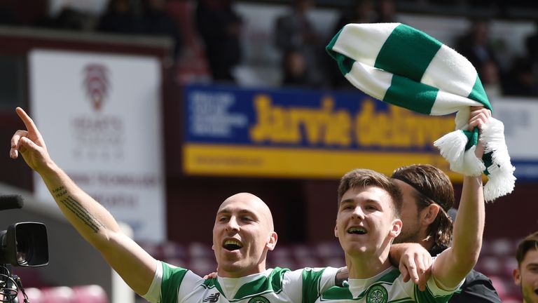 30/04/16 LADBROKES PREMIERSHIP.HEARTS v CELTIC.TYNECASTLE - EDINBURGH.Celtic's Scott Brown (left) and Kieran Tierney celebrate after the match