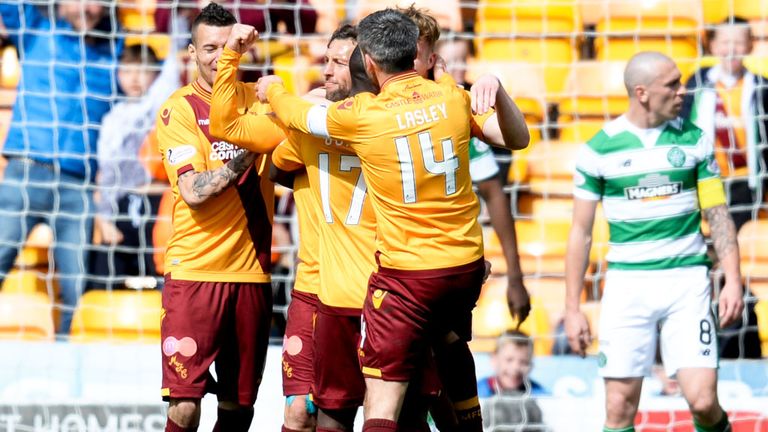 Motherwell players celebrate Scott McDonald's equaliser against Celtic