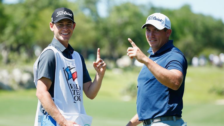 SAN ANTONIO, TX - APRIL 22:  Scott Stallings and his caddie Jay Haas Jr. pose after Stallings had a hole-in-one on the 13th hole during the second round of