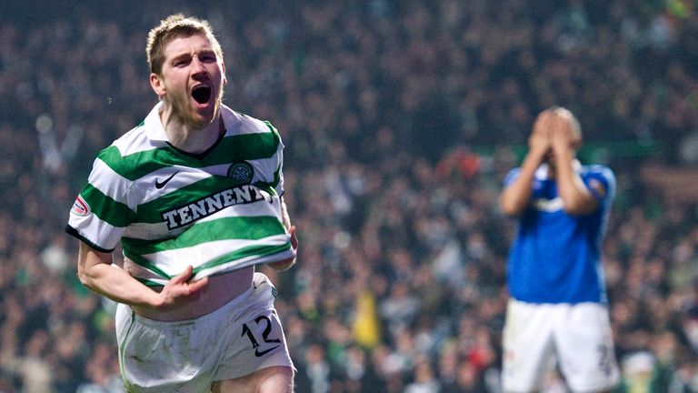 Mark Wilson wheels away to celebrate scoring his goal for Celtic v Rangers in 2011.