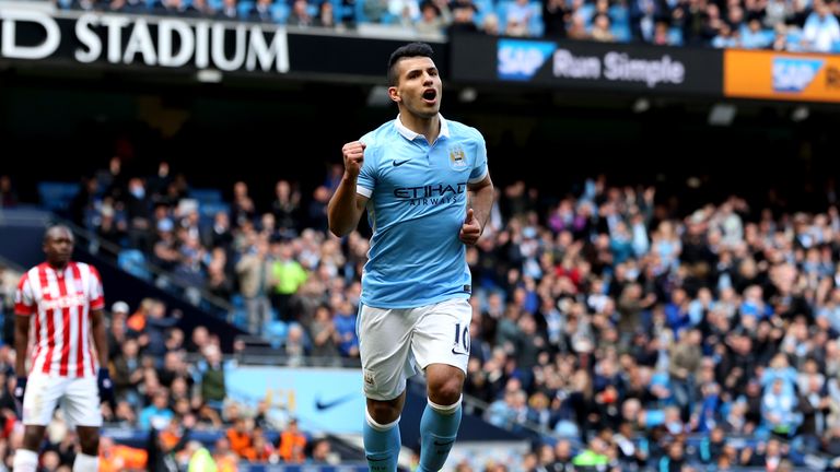 Manchester City's Sergio Aguero celebrates his sides second goal from the penalty spot during the Barclays Premier League match at the Etihad Stadium, Manc