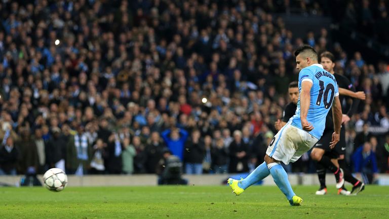 Manchester City's Sergio Aguero misses his penalty during the UEFA Champions League Quarter Final, Second Leg match at the Etihad Stadium, Manchester.