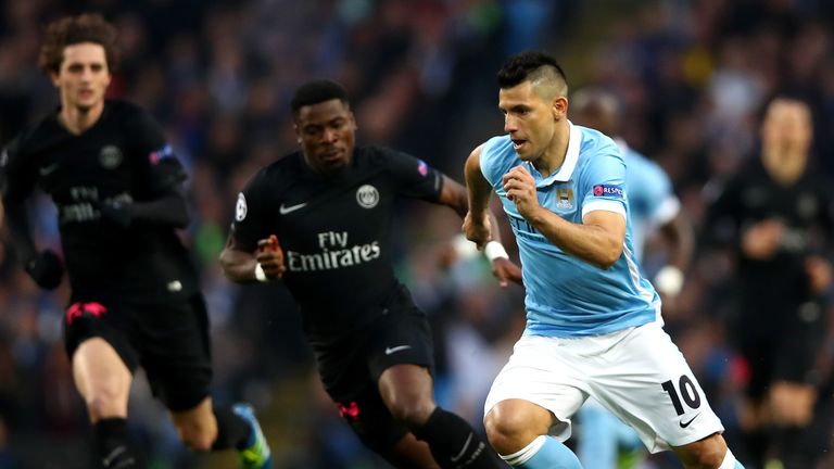 Sergio Aguero of Manchester City in action against PSG in their Champions League QF second leg