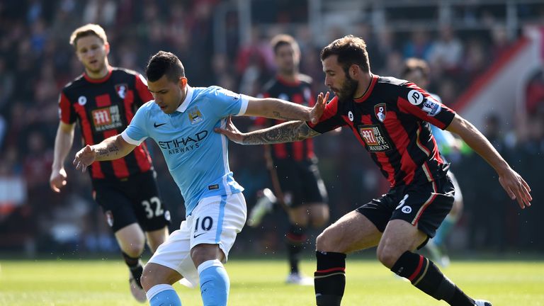 Man City's Sergio Aguero controls the ball under pressure from Steve Cook 