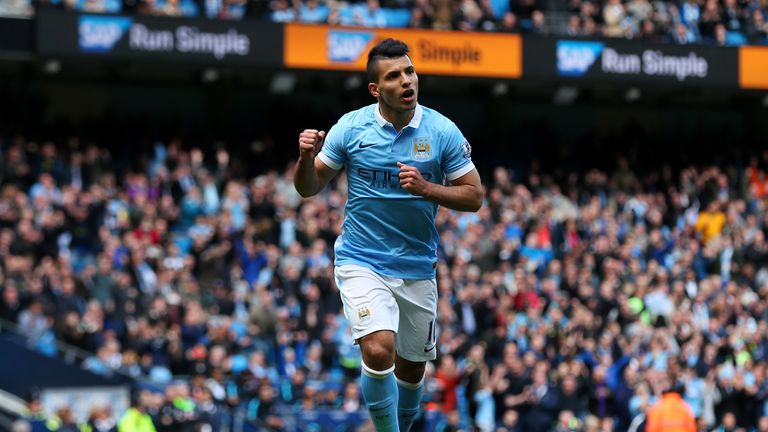 Sergio Aguero celebrates after scoring Manchester City's second goal against Stoke