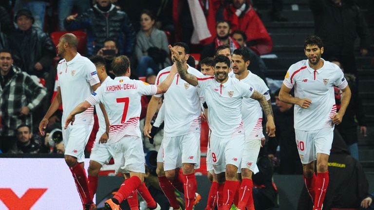 Sevilla celebrate Timothee Kolodziejczak's equaliser