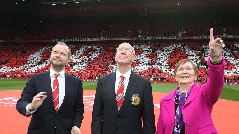 Executive vice chairman Ed Woodward, Sir Bobby Charlton and his wife Norma at Old Trafford