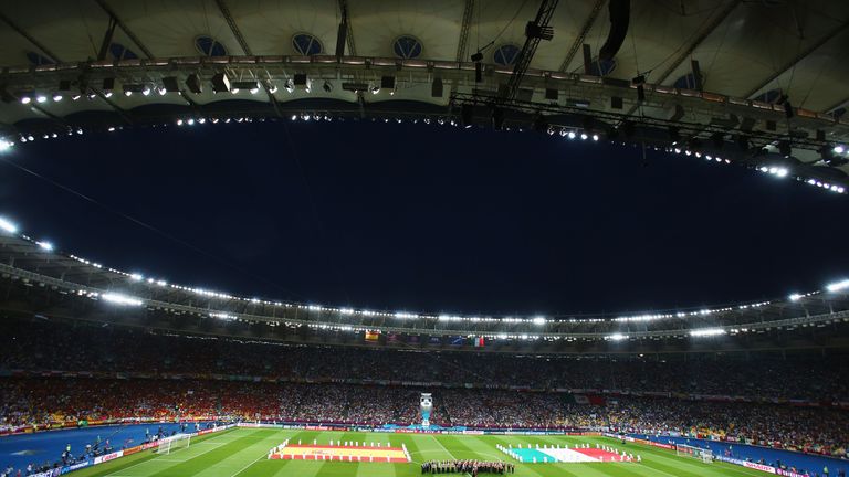 KIEV, UKRAINE - JULY 01:  A general view as the Spain and Italy players line up before the UEFA EURO 2012 final 