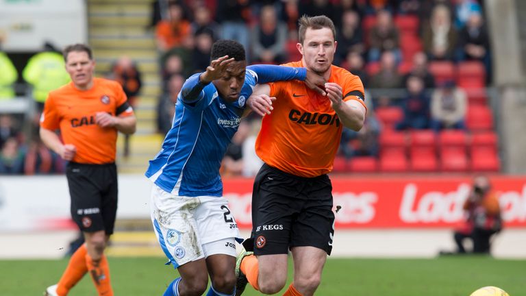 St Johnstone's Darnell Fisher (left) battles with Dundee United's Callum Morris during their Scottish Premiership clash