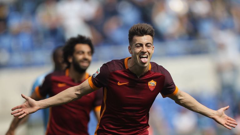 Stephan El Shaarawy wheels away in celebration after scoring the first goal in Roma's 4-1 win over Lazio