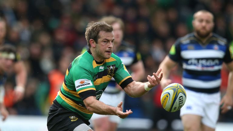 NORTHAMPTON, ENGLAND - APRIL 30:  Stephen Myler of Northampton passes the ball during the Aviva Premiership match between Northampton Saints and Bath at Fr