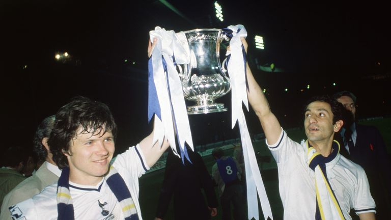 Steve Perryman (left) and Ossie Ardiles celebrate after winning the FA Cup with Tottenham