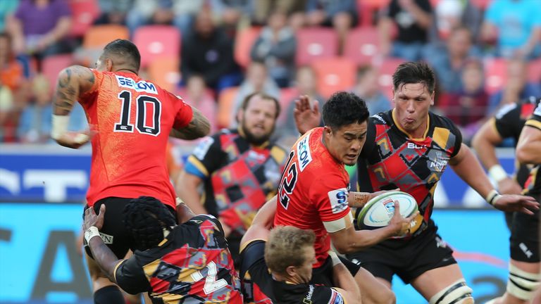 Yu Tamura of the Sunwolves is tackled 