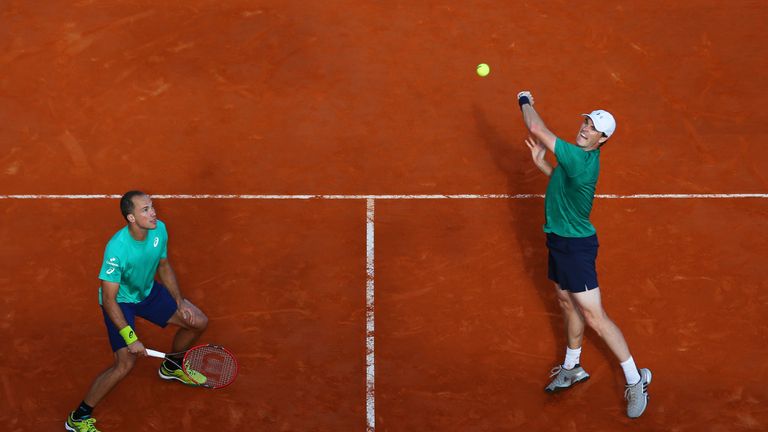 Jamie Murray (right) of Great Britain and Bruno Soares of Brazil in action