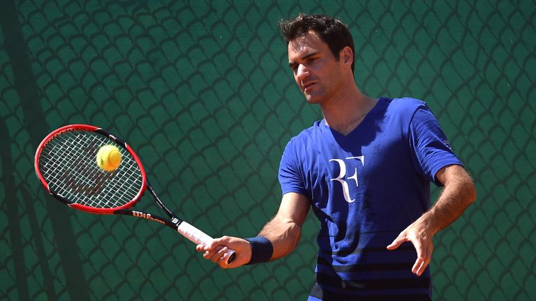 Roger Federer of Switzerland in action in a practice session during day One of the ATP Monte Carlo Masters