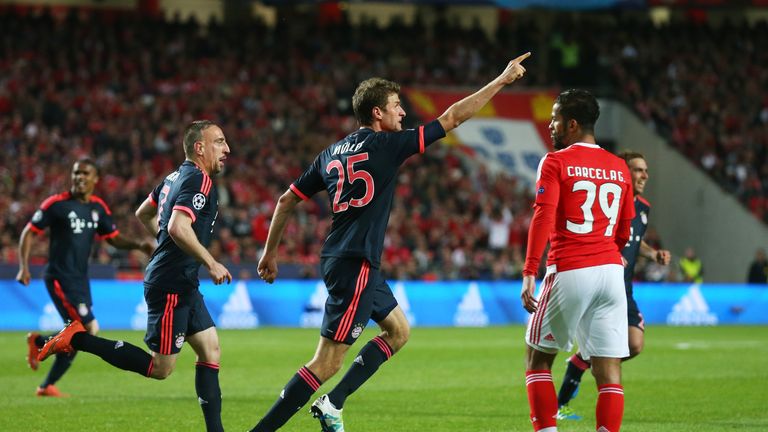 Thomas Muller of Bayern Munich celebrates scoring his team's second goal