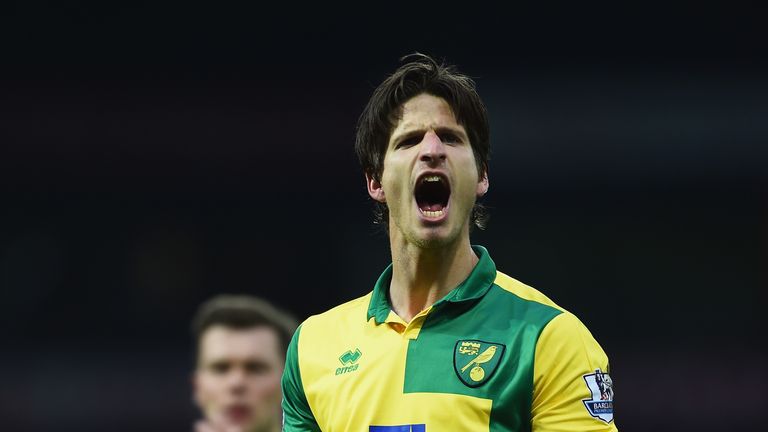 Timm Klose of Norwich celebrates his team's goal against Newcastle