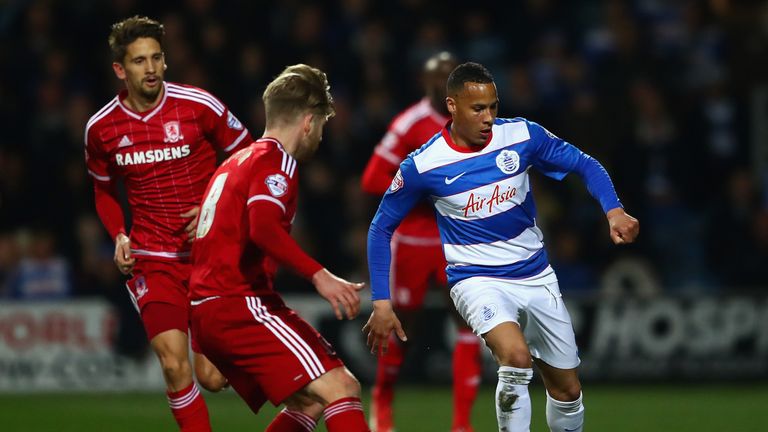 Tjaronn Chery of Queens Park Rangers takes on Adam Clayton of Middlesbrough