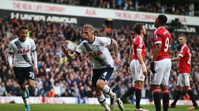 Toby Alderweireld of Tottenham Hotspur (4) celebrates as he scores their second goal