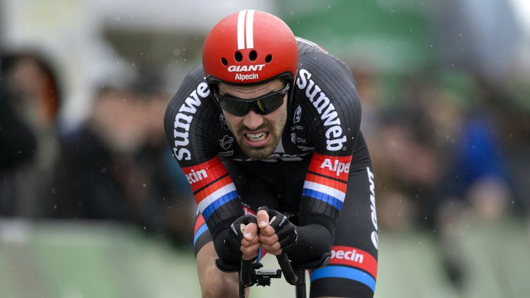 Second-placed Dutch Tom Dumoulin of team Giant-Alpecin competes in the 3,95km prologue of the 70th Tour de Romandie cycling race on April 26, 2016.